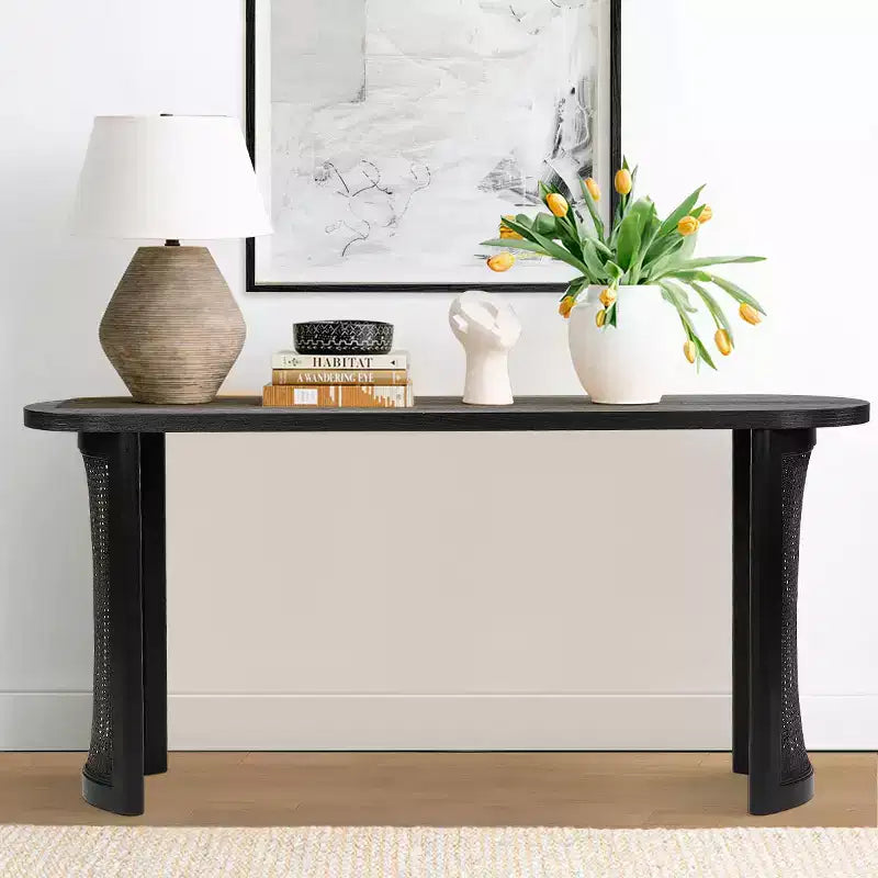 Mesa consola ovalada de 60 con patas de pedestal de rejilla de caña, mesa estrecha y moderna para sofá y entrada, para pasillo, sala de estar y recibidor