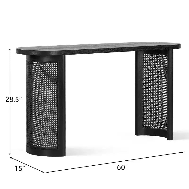 Mesa consola ovalada de 60 con patas de pedestal de rejilla de caña, mesa estrecha y moderna para sofá y entrada, para pasillo, sala de estar y recibidor
