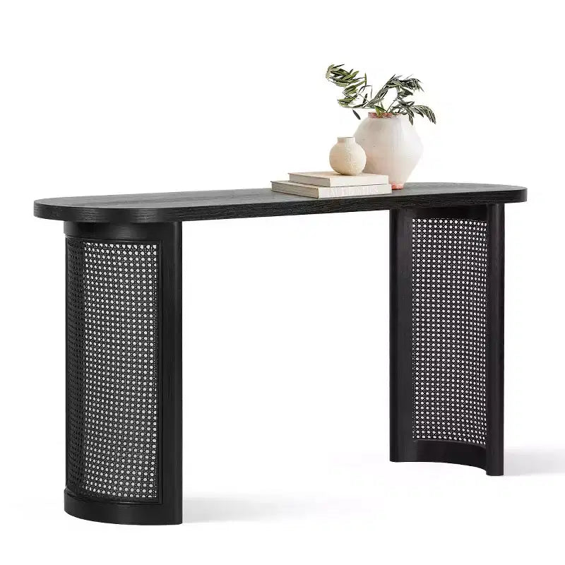 Mesa consola ovalada de 60 con patas de pedestal de rejilla de caña, mesa estrecha y moderna para sofá y entrada, para pasillo, sala de estar y recibidor