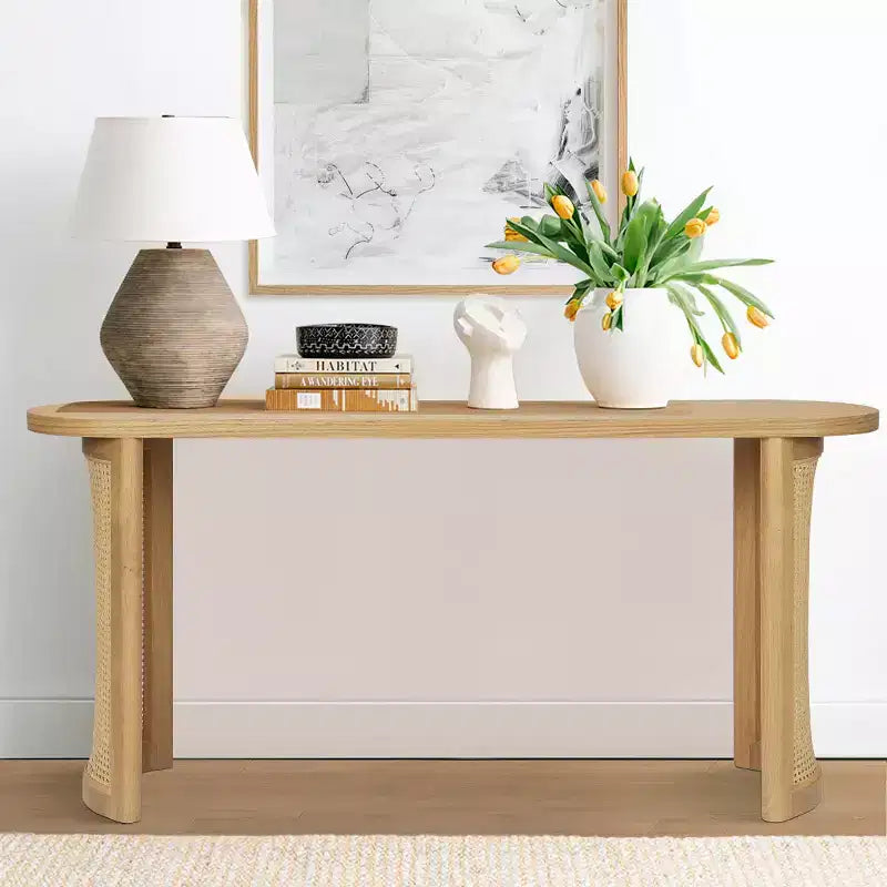 Mesa consola ovalada de 60 con patas de pedestal de rejilla de caña, mesa estrecha y moderna para sofá y entrada, para pasillo, sala de estar y recibidor