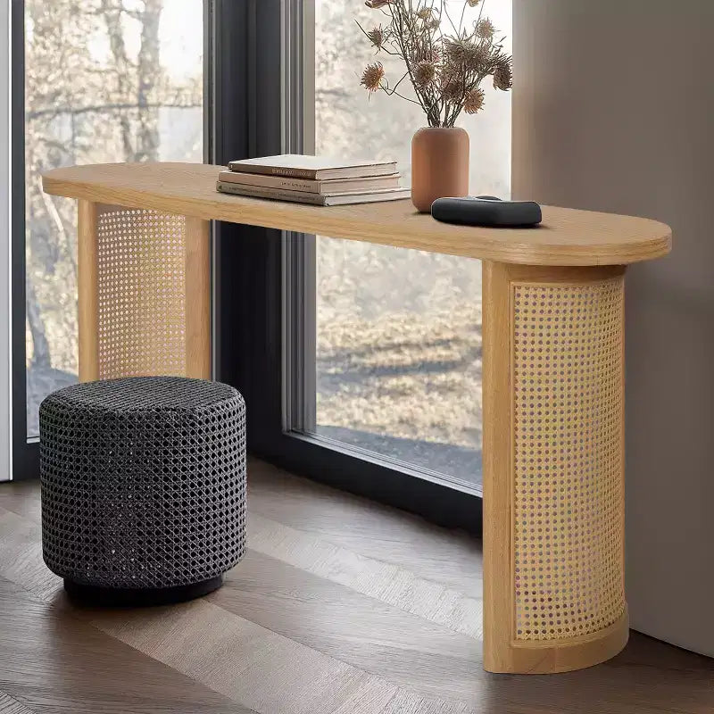 Ovale Konsole, 60 Zoll, mit Sockelbeinen aus Rohrgeflecht, schmaler moderner Sofatisch für Flur, Wohnzimmer und Eingangsbereich