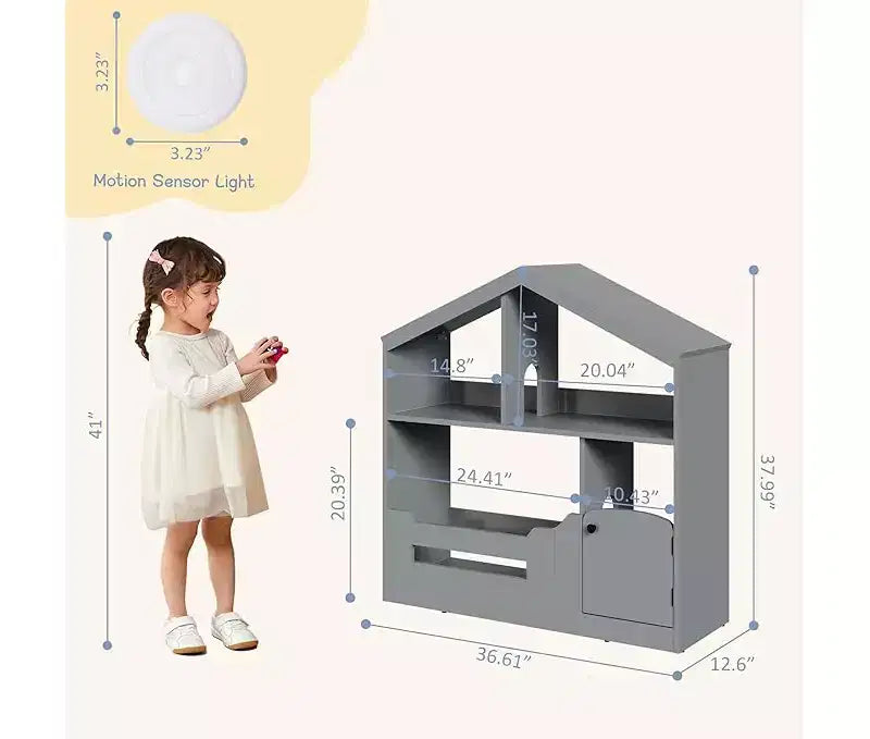 Kinderbücherregal, Spielzeug-Aufbewahrungsorganizer, Bücherregal aus Holz für Kleinkinder mit Bewegungsmelderlicht, Puppenhaus-Bücherregal für Spielzimmer und Schlafzimmer