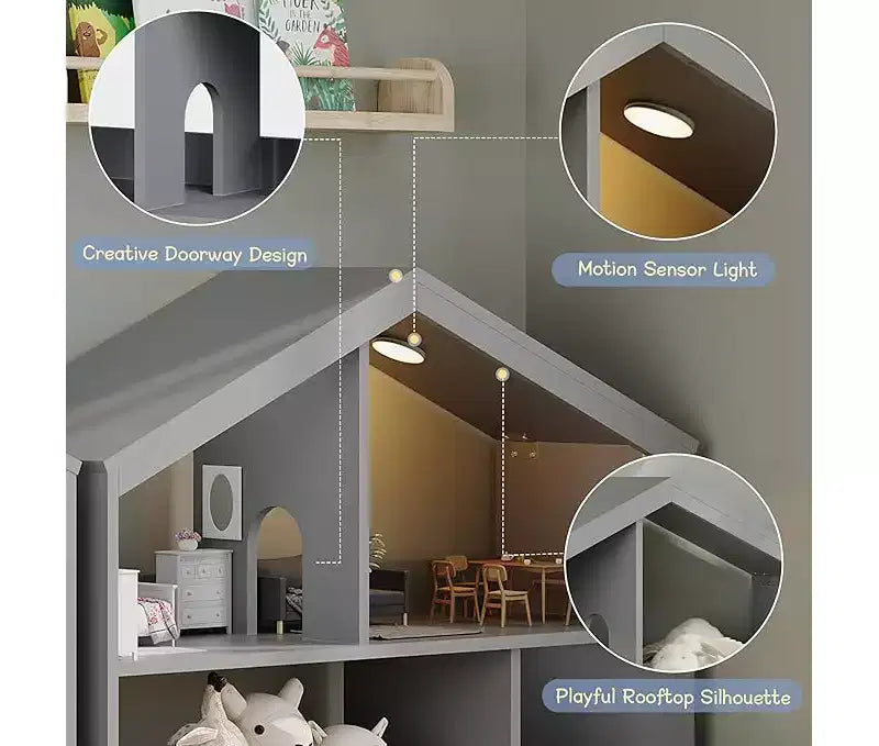 Estantería infantil, organizador de almacenamiento de juguetes, librería de madera para niños pequeños con luz con sensor de movimiento, librería con forma de casa de muñecas para sala de juegos y dormitorio