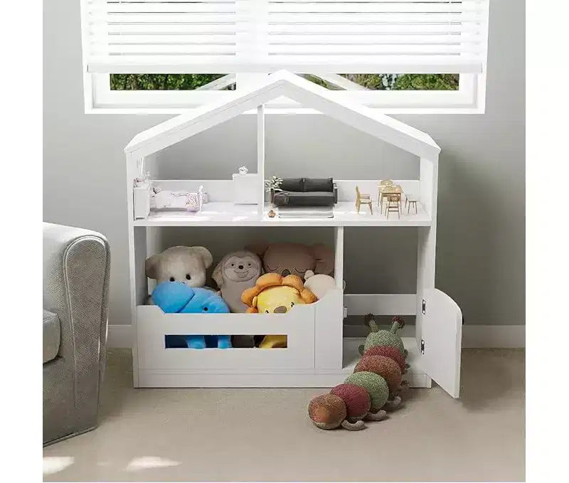 Estantería infantil, organizador de almacenamiento de juguetes, librería de madera para niños pequeños con luz con sensor de movimiento, librería con forma de casa de muñecas para sala de juegos y dormitorio