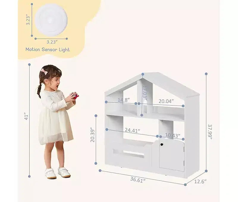 Estantería infantil, organizador de almacenamiento de juguetes, librería de madera para niños pequeños con luz con sensor de movimiento, librería con forma de casa de muñecas para sala de juegos y dormitorio