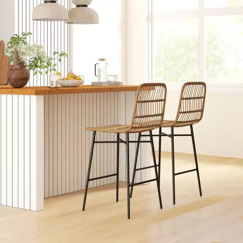 Barhocker-Set aus Rattan, 2 Stück, 26 Zoll Sitzhöhe, mit Rückenlehne, Barstühle für Kücheninseln