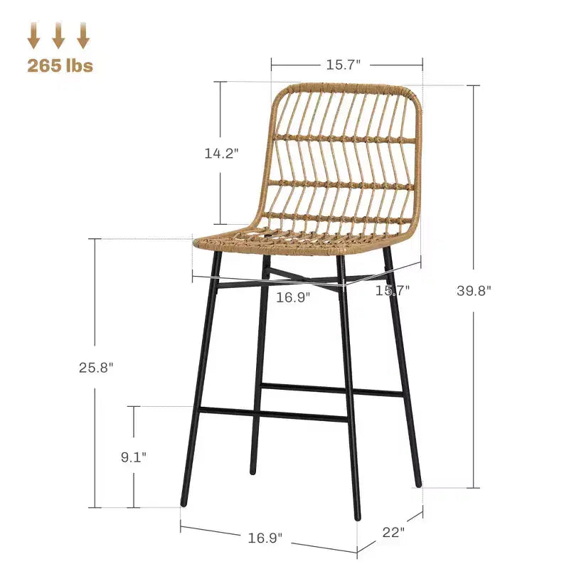Barhocker-Set aus Rattan, 2 Stück, 26 Zoll Sitzhöhe, mit Rückenlehne, Barstühle für Kücheninseln