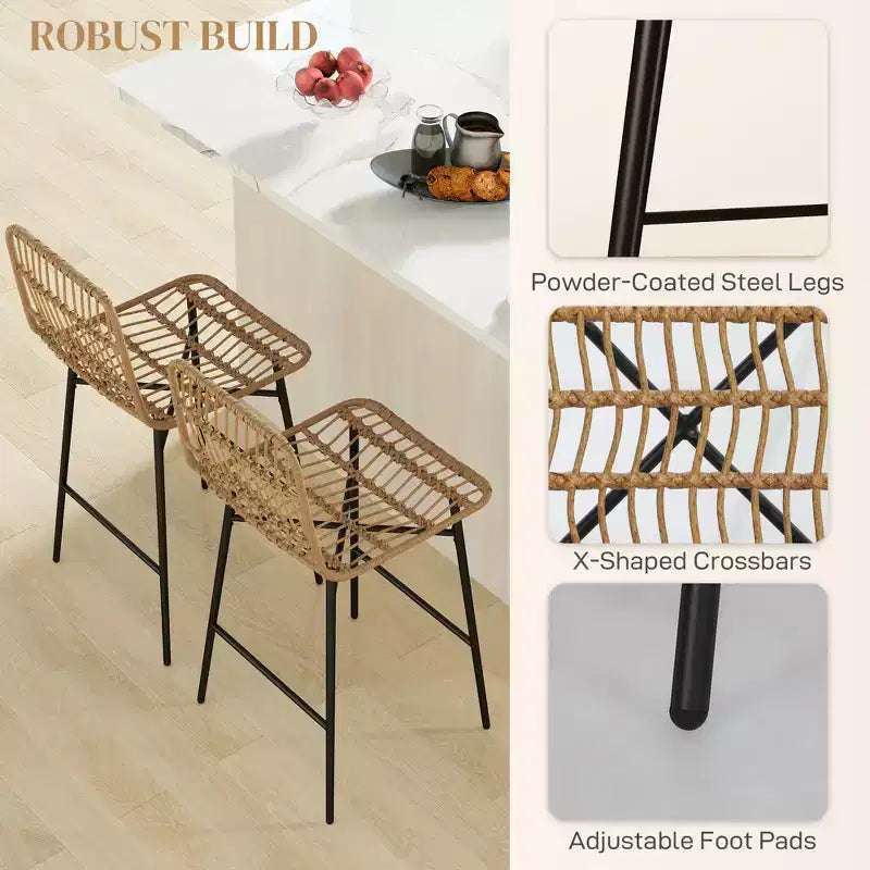 Barhocker-Set aus Rattan, 2 Stück, 26 Zoll Sitzhöhe, mit Rückenlehne, Barstühle für Kücheninseln