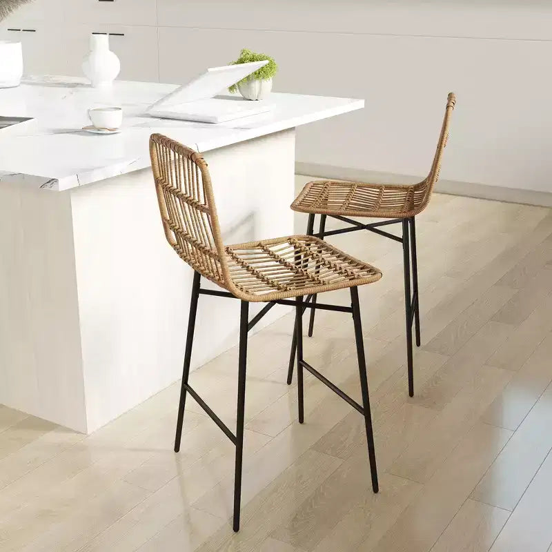 Barhocker-Set aus Rattan, 2 Stück, 26 Zoll Sitzhöhe, mit Rückenlehne, Barstühle für Kücheninseln