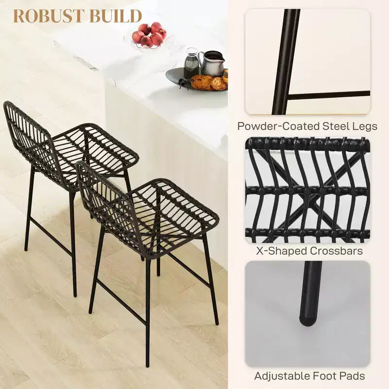 Ensemble de 2 tabourets de comptoir en rotin, tabourets de bar de hauteur comptoir de 26 avec dossier, chaises de bar pour îlot de cuisine