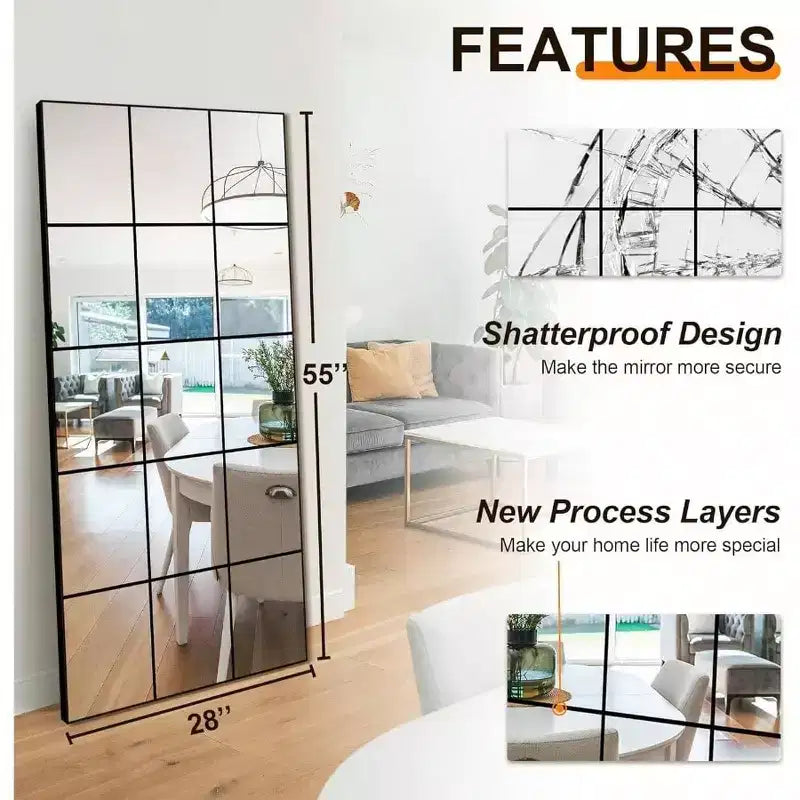Miroir mural à cadre en métal noir de 28 pouces x 55 pouces pour chambre, salon et entrée, décoratif, style fenêtre à carreaux, à fixer au mur