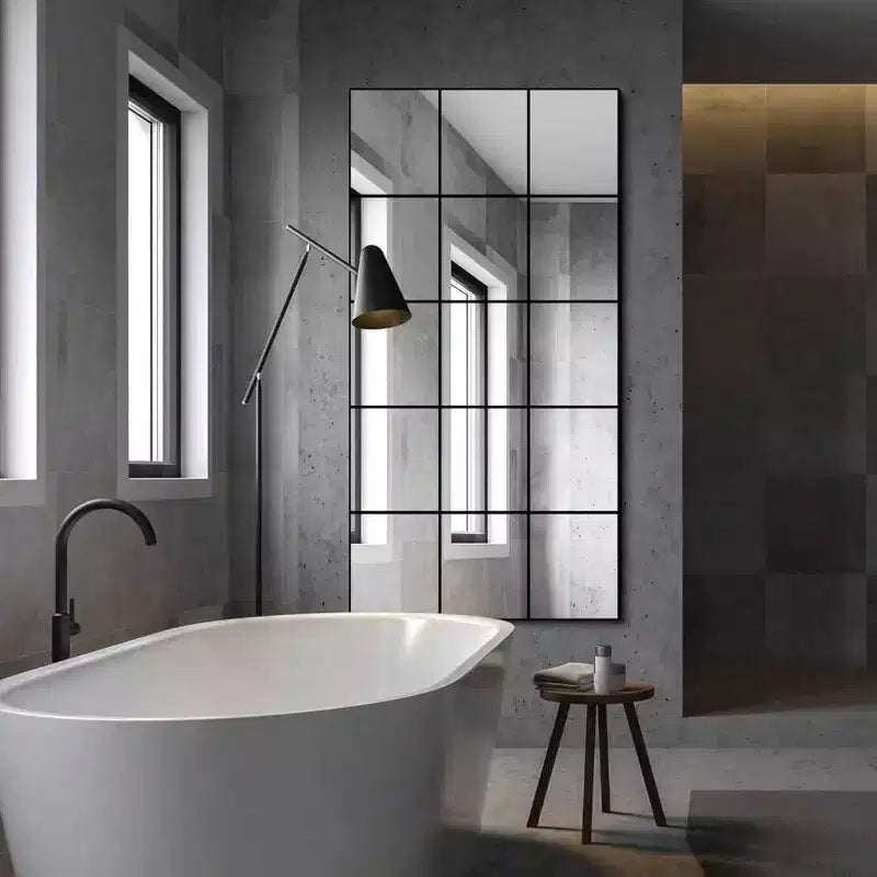 Miroir mural à cadre en métal noir de 28 pouces x 55 pouces pour chambre, salon et entrée, décoratif, style fenêtre à carreaux, à fixer au mur