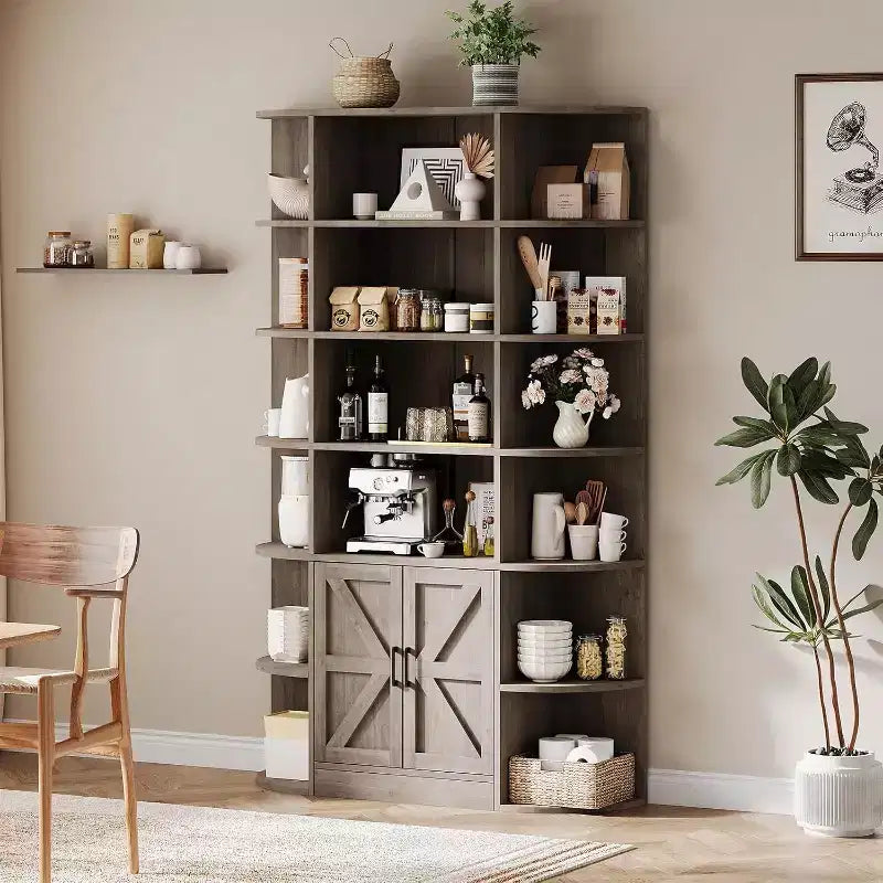 Bibliothèque haute en bois de 75 à 6 niveaux avec placard de rangement et portes, organisateur large gris et étagère de présentation pour chambre, salon et bureau à domicile