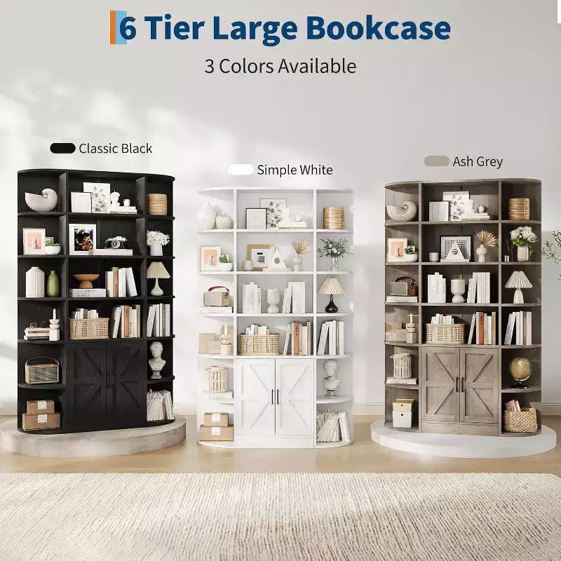 Bibliothèque haute en bois de 75 à 6 niveaux avec placard de rangement et portes, organisateur large gris et étagère de présentation pour chambre, salon et bureau à domicile