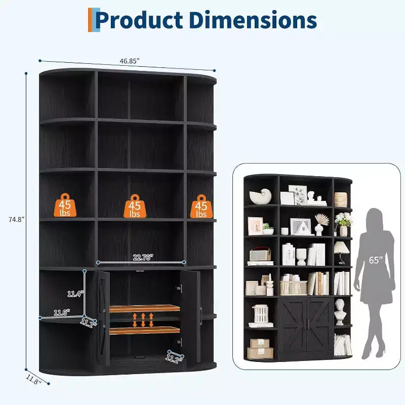 Bibliothèque haute en bois de 75 à 6 niveaux avec placard de rangement et portes, organisateur large gris et étagère de présentation pour chambre, salon et bureau à domicile