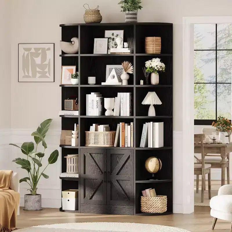 75 Zoll hohes Bücherregal aus Holz mit 6 Ebenen, Aufbewahrungsschrank und Türen, breiter grauer Organizer und Präsentationsregal für Schlafzimmer, Wohnzimmer und Homeoffice