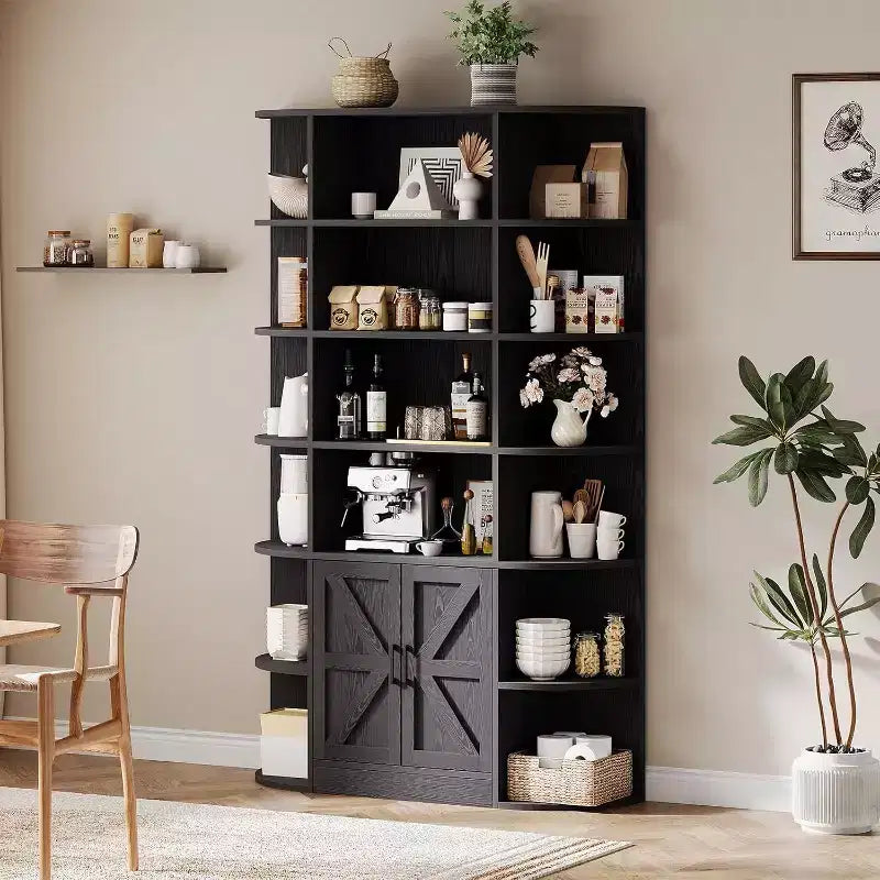 75 Zoll hohes Bücherregal aus Holz mit 6 Ebenen, Aufbewahrungsschrank und Türen, breiter grauer Organizer und Präsentationsregal für Schlafzimmer, Wohnzimmer und Homeoffice