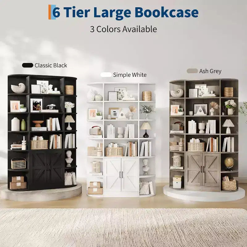 Bibliothèque haute en bois de 75 à 6 niveaux avec placard de rangement et portes, organisateur large gris et étagère de présentation pour chambre, salon et bureau à domicile
