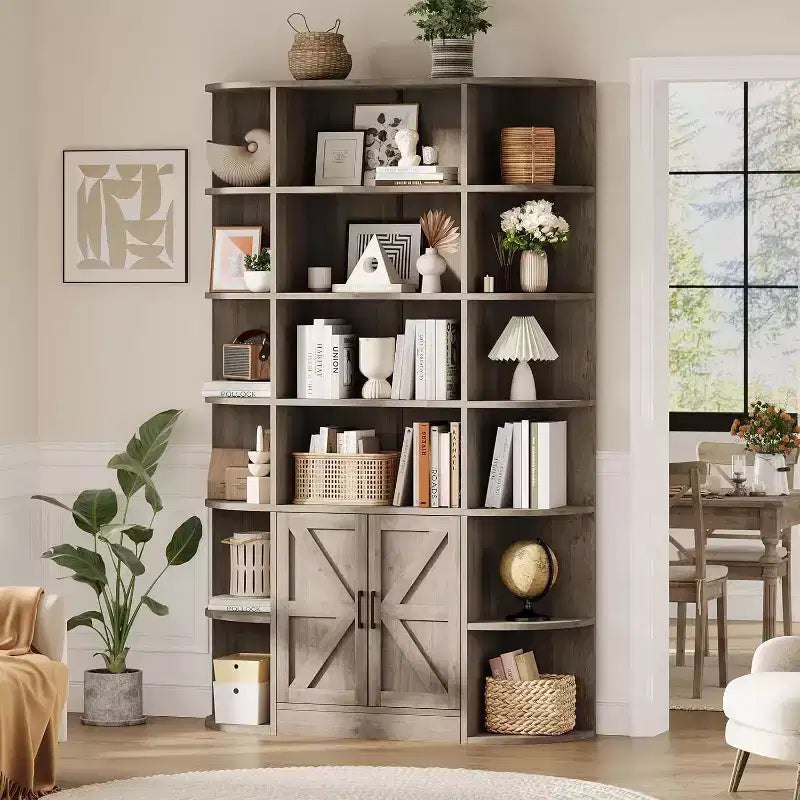 Bibliothèque haute en bois de 75 à 6 niveaux avec placard de rangement et portes, organisateur large gris et étagère de présentation pour chambre, salon et bureau à domicile