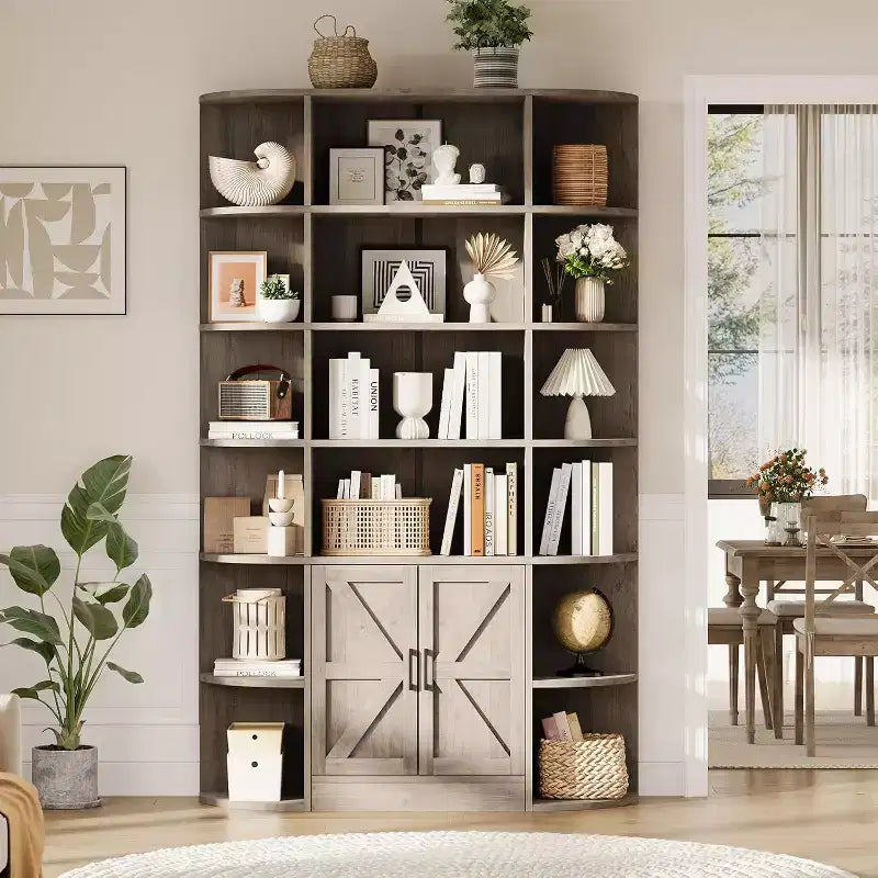 75 Zoll hohes Bücherregal aus Holz mit 6 Ebenen, Aufbewahrungsschrank und Türen, breiter grauer Organizer und Präsentationsregal für Schlafzimmer, Wohnzimmer und Homeoffice