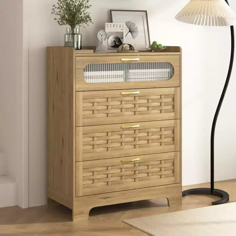 Kommode mit 4 Schubladen fürs Schlafzimmer, Kommoden aus Rattan und Holz, hohe Kommoden und breite Schubladenschränke, Schlafzimmerschrank aus Holz