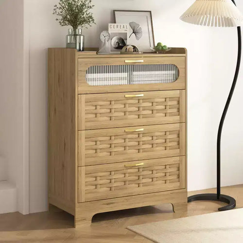 Kommode mit 4 Schubladen fürs Schlafzimmer, Kommoden aus Rattan und Holz, hohe Kommoden und breite Schubladenschränke, Schlafzimmerschrank aus Holz