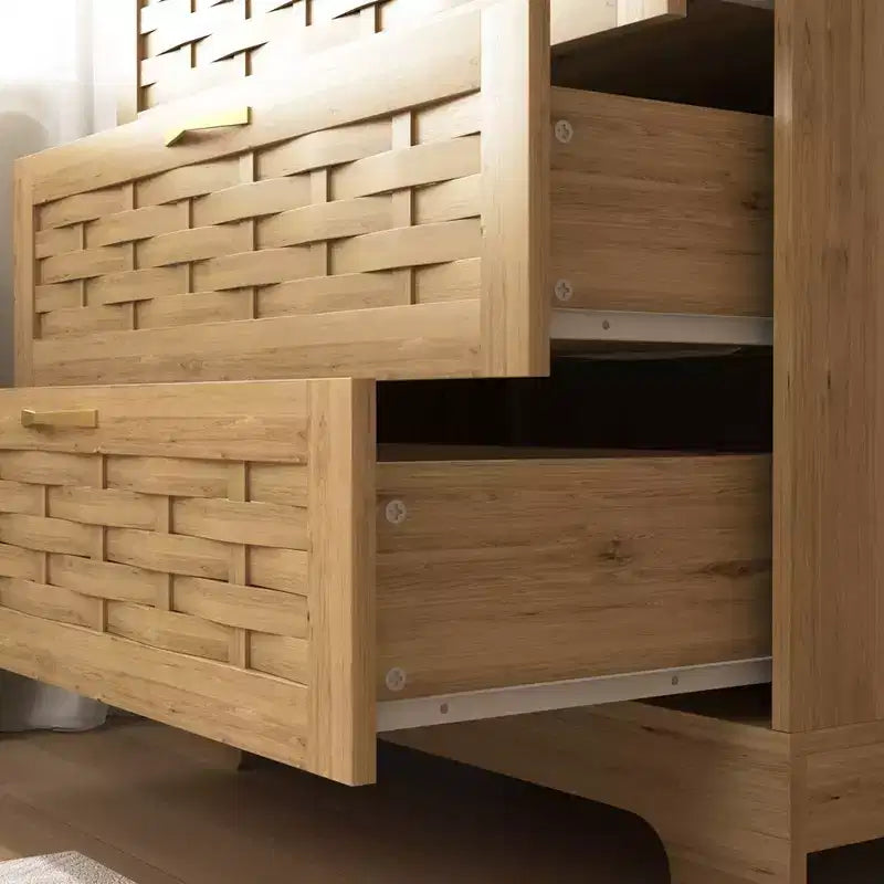 Kommode mit 4 Schubladen fürs Schlafzimmer, Kommoden aus Rattan und Holz, hohe Kommoden und breite Schubladenschränke, Schlafzimmerschrank aus Holz