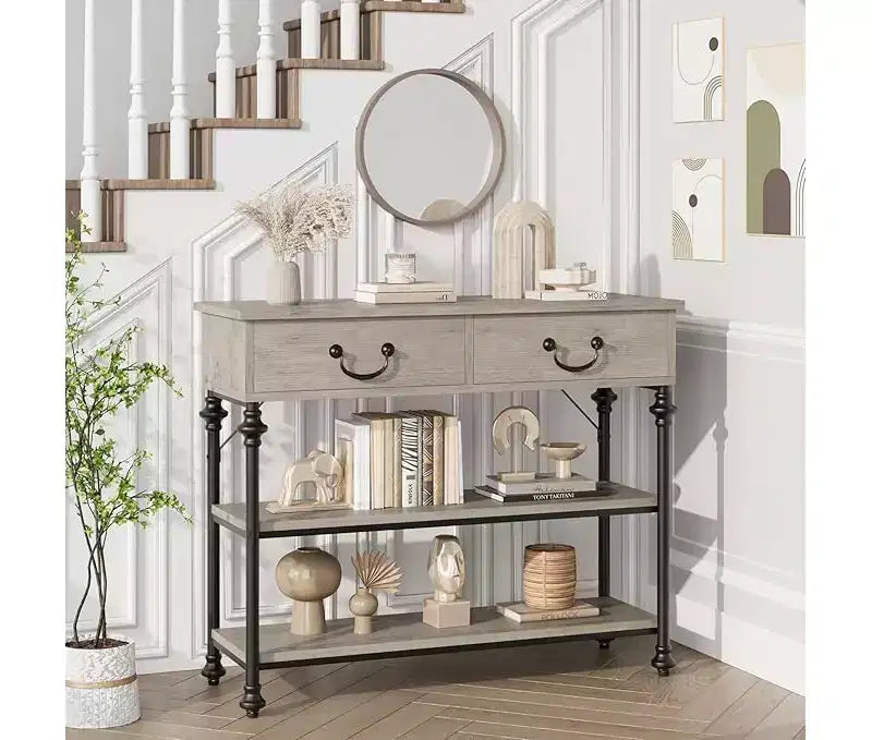 Mesa consola pequeña para entrada con 3 cajones, mesa estrecha para sofá con estantes de almacenamiento para sala de estar, pasillo y dormitorio