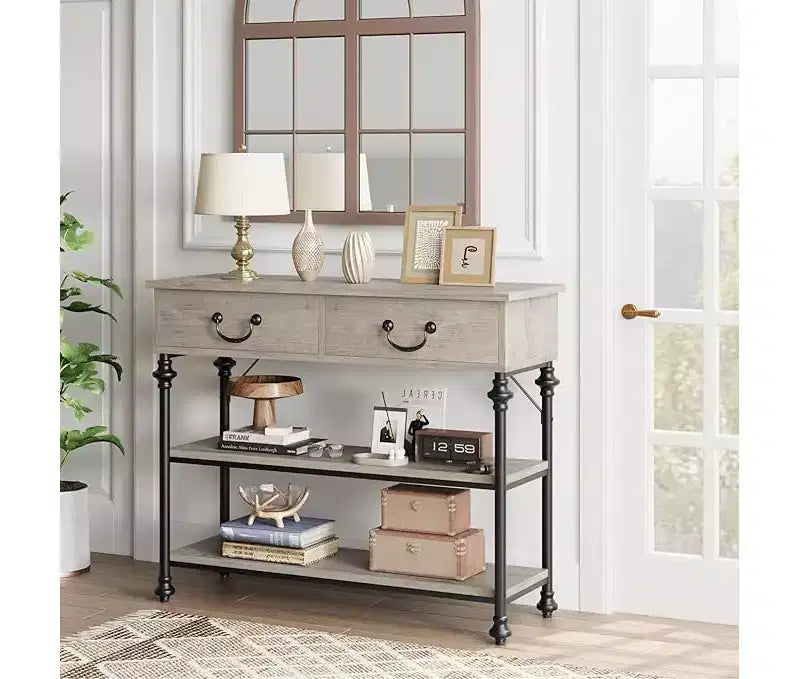 Mesa consola pequeña para entrada con 3 cajones, mesa estrecha para sofá con estantes de almacenamiento para sala de estar, pasillo y dormitorio