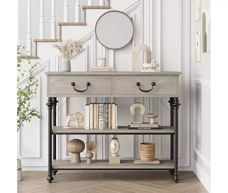 Mesa consola pequeña para entrada con 3 cajones, mesa estrecha para sofá con estantes de almacenamiento para sala de estar, pasillo y dormitorio