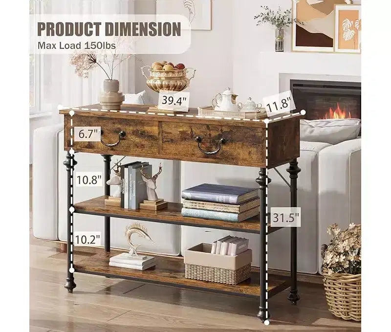 Petite table console d’entrée avec 3 tiroirs, table de canapé étroite avec étagères de rangement pour salon, couloir et chambre