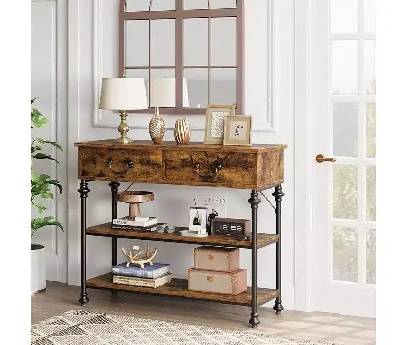 Petite table console d’entrée avec 3 tiroirs, table de canapé étroite avec étagères de rangement pour salon, couloir et chambre