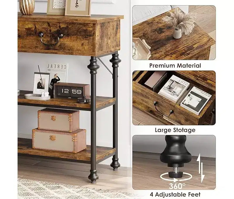 Mesa consola pequeña para entrada con 3 cajones, mesa estrecha para sofá con estantes de almacenamiento para sala de estar, pasillo y dormitorio