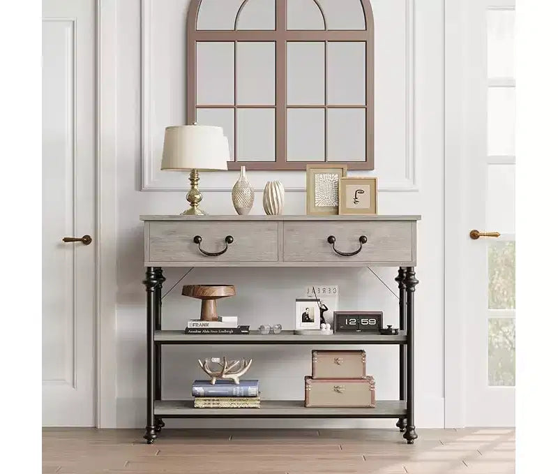 Mesa consola pequeña para entrada con 3 cajones, mesa estrecha para sofá con estantes de almacenamiento para sala de estar, pasillo y dormitorio