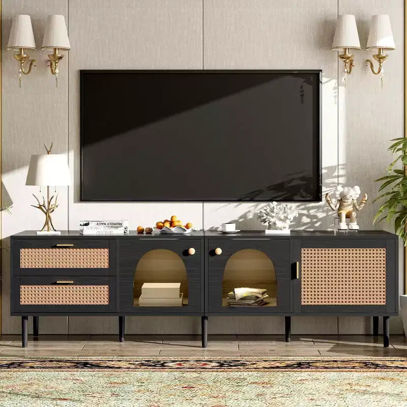 TV-Ständer aus Rattan mit 3 Schränken und 2 Schubladen, Medienkonsole in Rattanoptik für Fernseher bis 80 Zoll, schwarzer TV-Schrank fürs Wohnzimmer