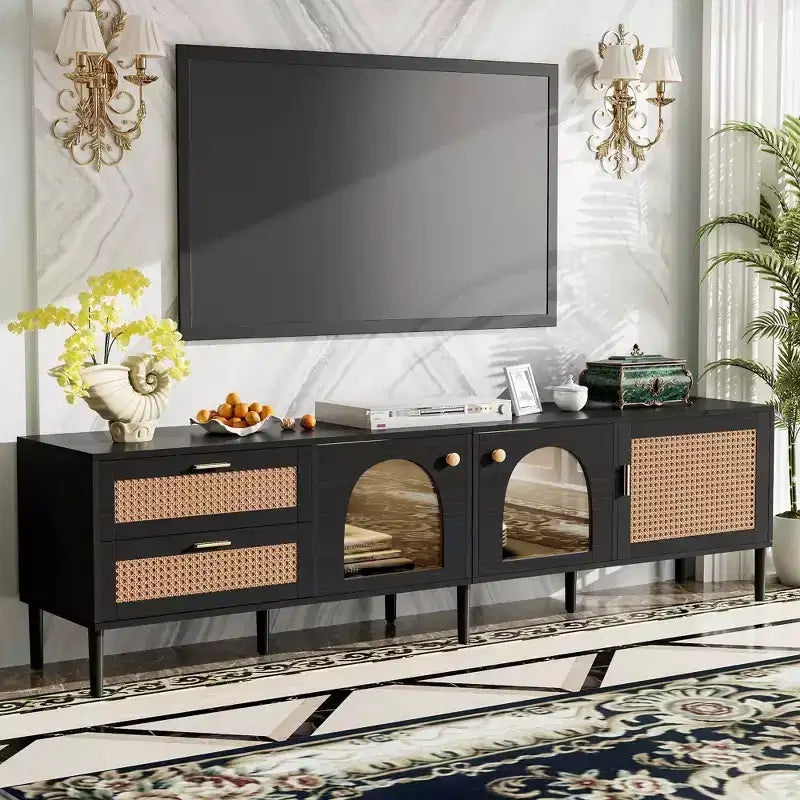 TV-Ständer aus Rattan mit 3 Schränken und 2 Schubladen, Medienkonsole in Rattanoptik für Fernseher bis 80 Zoll, schwarzer TV-Schrank fürs Wohnzimmer