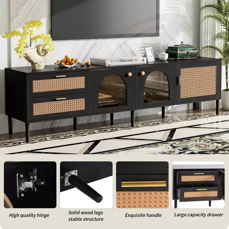 TV-Ständer aus Rattan mit 3 Schränken und 2 Schubladen, Medienkonsole in Rattanoptik für Fernseher bis 80 Zoll, schwarzer TV-Schrank fürs Wohnzimmer