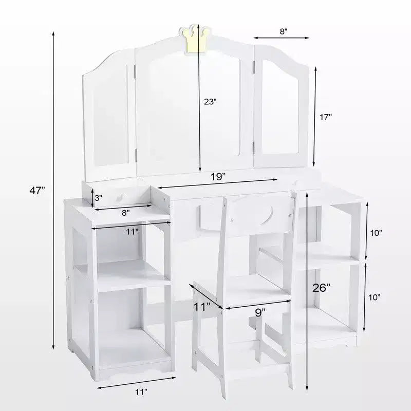 Tocador infantil con silla, armario tocador 2 en 1 para niñas con espejo triple plegable