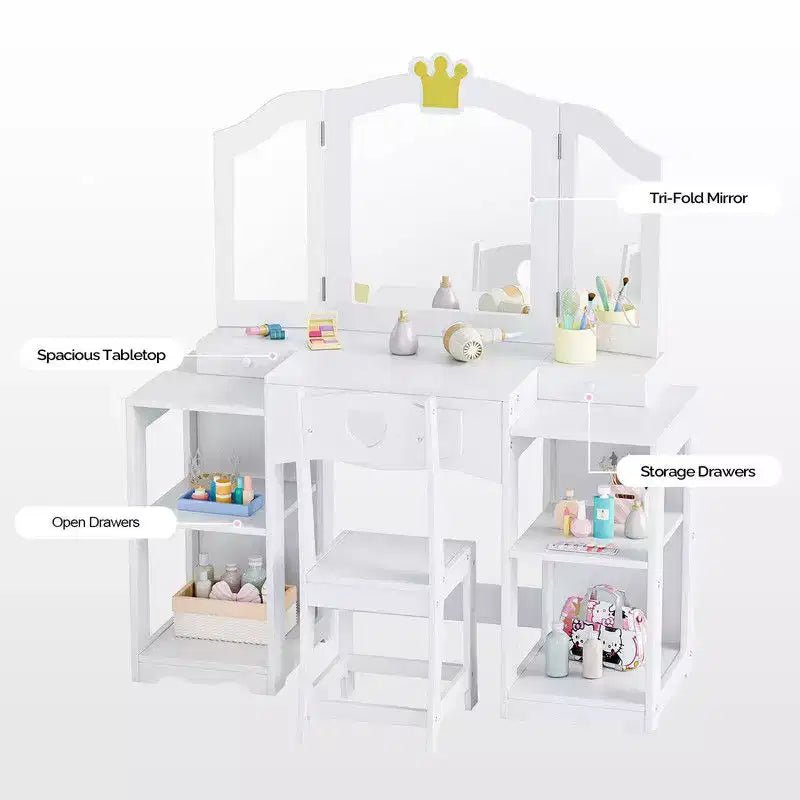 Tocador infantil con silla, armario tocador 2 en 1 para niñas con espejo triple plegable