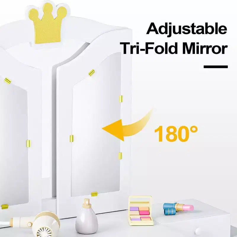Tocador infantil con silla, armario tocador 2 en 1 para niñas con espejo triple plegable