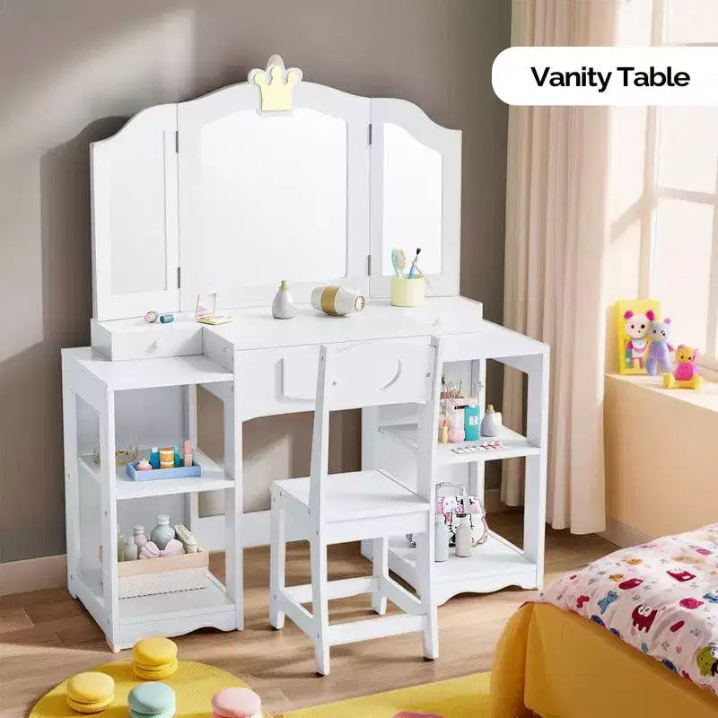 Tocador infantil con silla, armario tocador 2 en 1 para niñas con espejo triple plegable