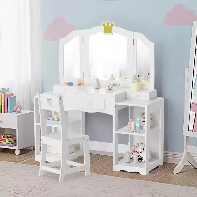 Tocador infantil con silla, armario tocador 2 en 1 para niñas con espejo triple plegable