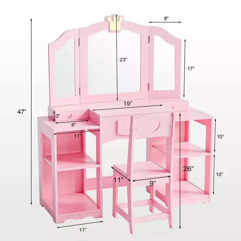 Tocador infantil con silla, armario tocador 2 en 1 para niñas con espejo triple plegable