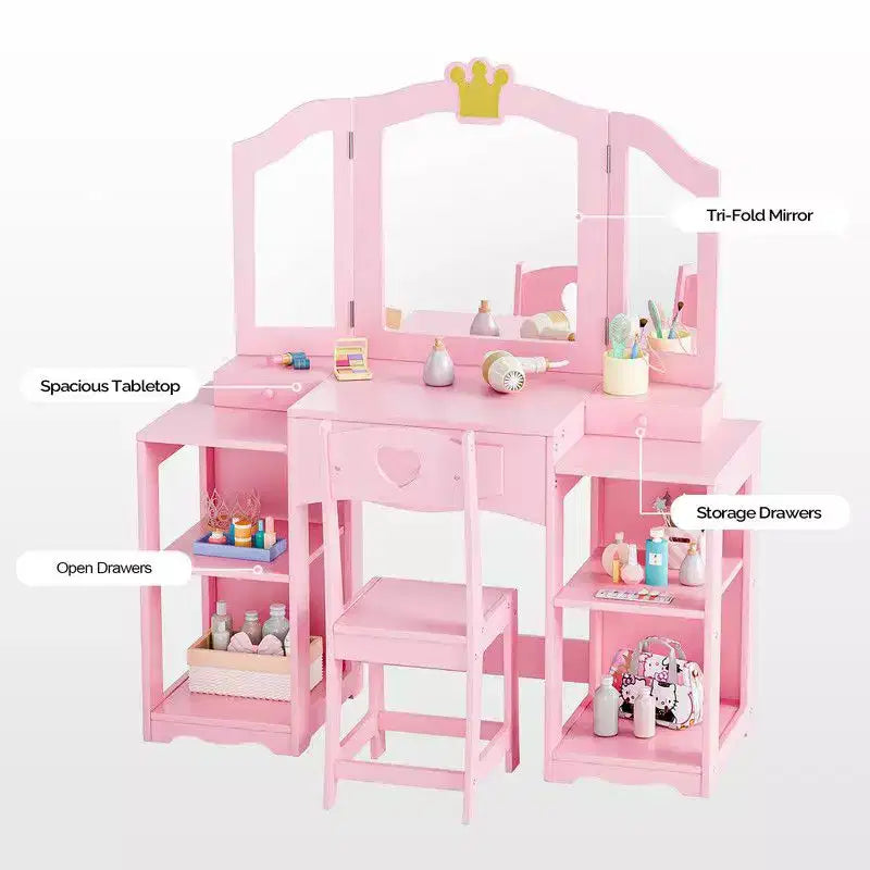 Frisiertisch- und Stuhlset für Kinder, 2-in-1-Frisiertisch mit Stauraumschrank für Mädchen und dreiteiligem Klappspiegel