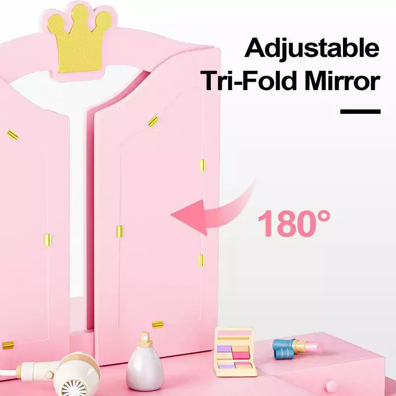 Tocador infantil con silla, armario tocador 2 en 1 para niñas con espejo triple plegable