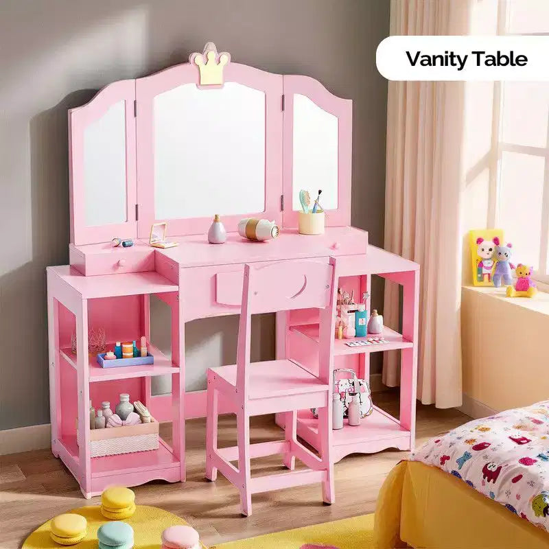 Tocador infantil con silla, armario tocador 2 en 1 para niñas con espejo triple plegable