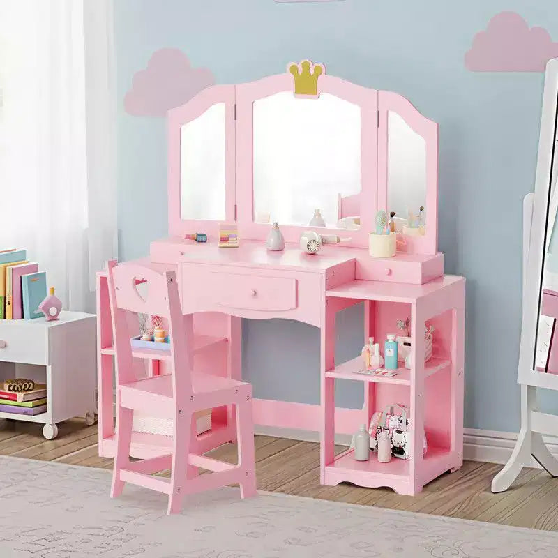 Frisiertisch- und Stuhlset für Kinder, 2-in-1-Frisiertisch mit Stauraumschrank für Mädchen und dreiteiligem Klappspiegel
