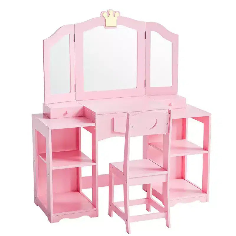 Tocador infantil con silla, armario tocador 2 en 1 para niñas con espejo triple plegable