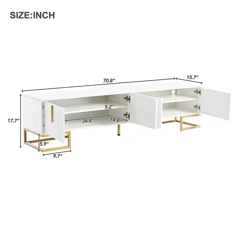 TV-Schrank für Fernseher ab 80 Zoll, moderner, minimalistischer, geometrischer und multifunktionaler TV-Ständer mit Aufbewahrungsschränken, Metallgriffen und Beinen