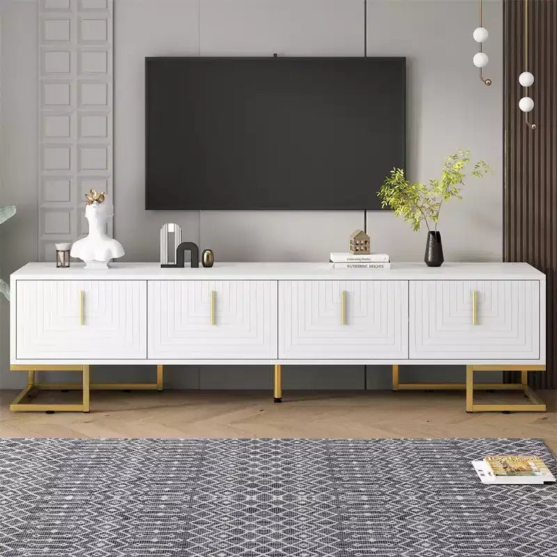 TV-Schrank für Fernseher ab 80 Zoll, moderner, minimalistischer, geometrischer und multifunktionaler TV-Ständer mit Aufbewahrungsschränken, Metallgriffen und Beinen